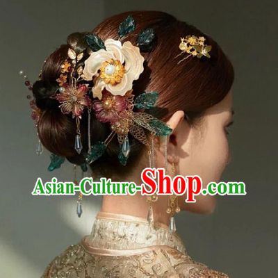 China Handmade Xiuhe Suit Hair Accessories Wedding Bride Hair Jewelry Traditional Flower Hairpins Hair Sticks Full Set