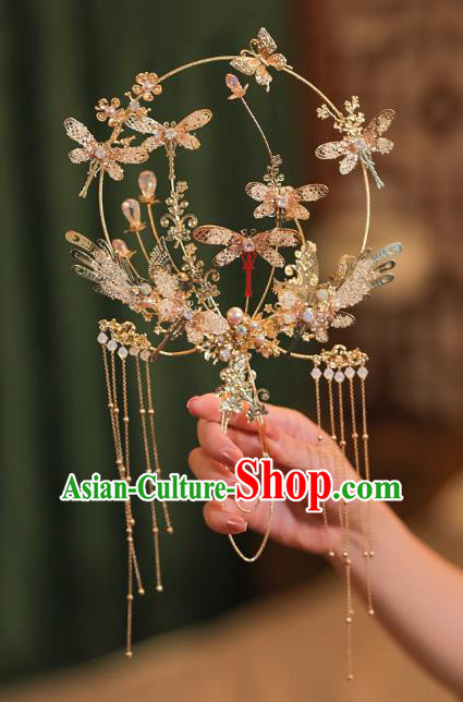 Chinese Traditional Wedding Accessories Handmade Bride Golden Round Fan Chinese Traditional Wedding Accessories Handmade Bride Golden Round Fan