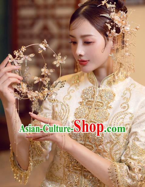Chinese Traditional Wedding Accessories Handmade Bride Golden Round Fan Chinese Traditional Wedding Accessories Handmade Bride Golden Round Fan