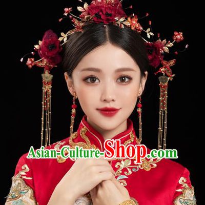 China Traditional Handmade Xiuhe Suit Hair Accessories Wedding Bride Hair Jewelry Red Silk Flower Hair Crown Hairpins Full Set