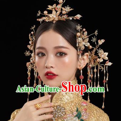 China Traditional Xiuhe Suit Hair Accessories Wedding Bride Hair Jewelry Handmade Golden Hair Comb Hairpins Full Set