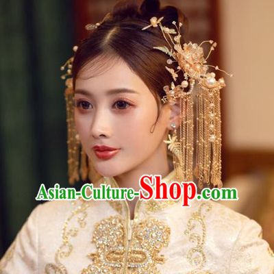 China Traditional Wedding Hair Accessories Bride Golden Hairpins Tassel Hair Sticks Full Set