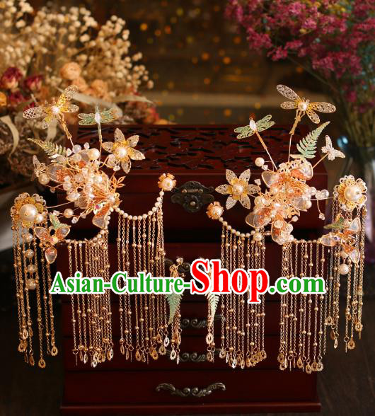 China Traditional Wedding Hair Accessories Bride Golden Hairpins Tassel Hair Sticks Full Set China Traditional Wedding Hair Accessories Bride Golden Hairpins Tassel Hair Sticks Full Set