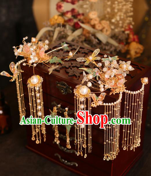 China Traditional Wedding Hair Accessories Bride Golden Hairpins Tassel Hair Sticks Full Set China Traditional Wedding Hair Accessories Bride Golden Hairpins Tassel Hair Sticks Full Set