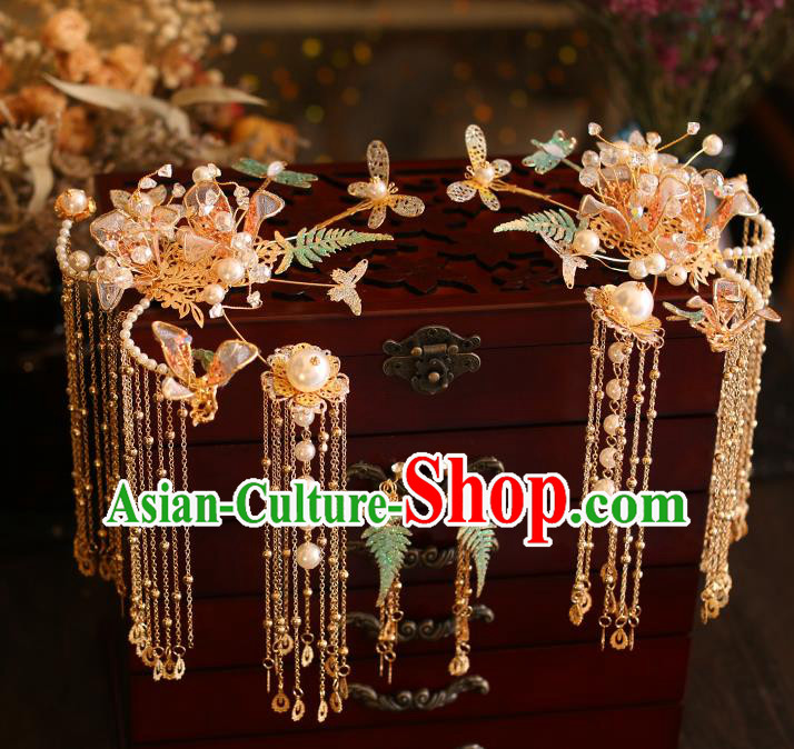 China Traditional Wedding Hair Accessories Bride Golden Hairpins Tassel Hair Sticks Full Set China Traditional Wedding Hair Accessories Bride Golden Hairpins Tassel Hair Sticks Full Set