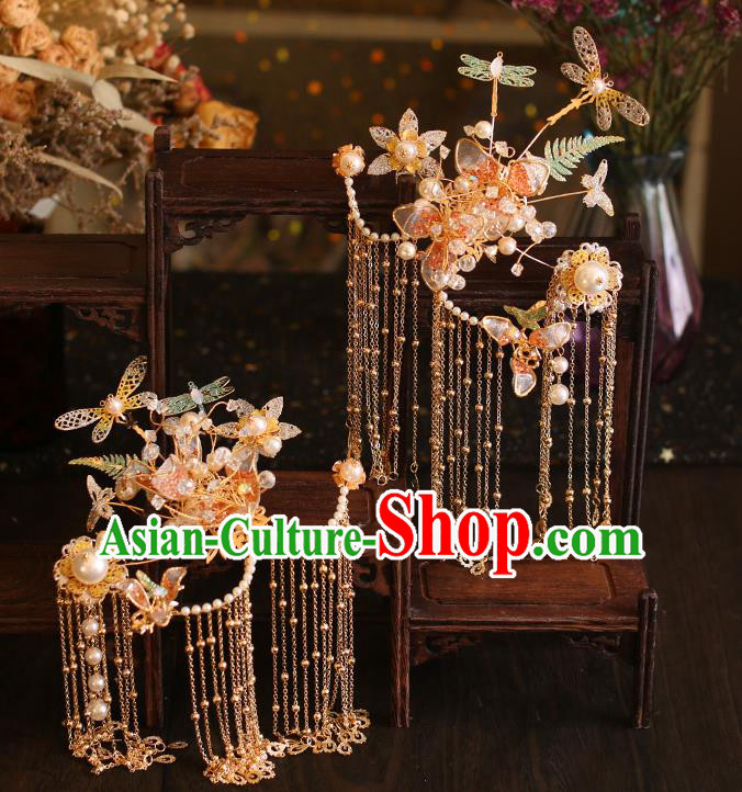 China Traditional Wedding Hair Accessories Bride Golden Hairpins Tassel Hair Sticks Full Set China Traditional Wedding Hair Accessories Bride Golden Hairpins Tassel Hair Sticks Full Set