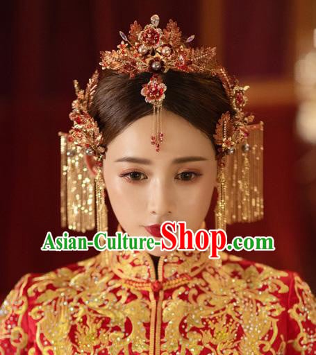 China Bride Hair Crown and Hairpins Tassel Hair Sticks Traditional Wedding Hair Accessories