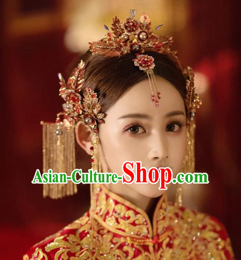 China Bride Hair Crown and Hairpins Tassel Hair Sticks Traditional Wedding Hair Accessories