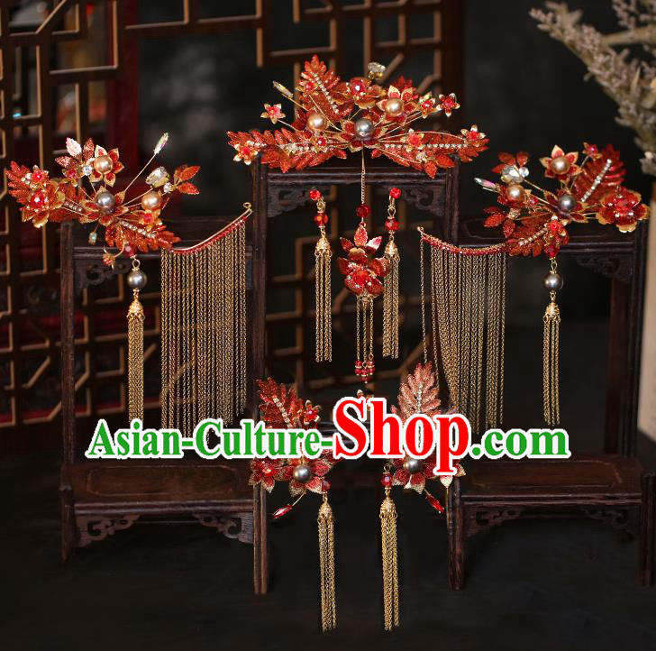 China Bride Hair Crown and Hairpins Tassel Hair Sticks Traditional Wedding Hair Accessories
