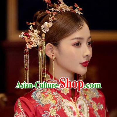 China Traditional Wedding Hair Accessories Bride Hair Combs and Tassel Hairpins Hair Sticks