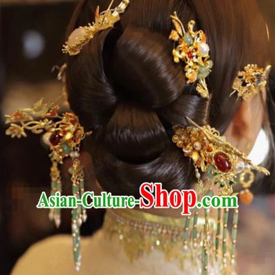 China Traditional Ancient Bride Hair Sticks and Tassel Hairpins Earrings Wedding Hair Accessories Full Set