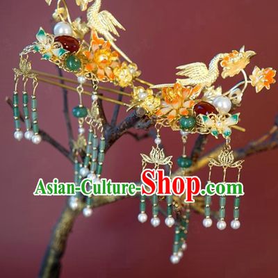 China Bride Jade Tassel Hairpin Hair Accessories Traditional Wedding Xiuhe Suit Golden Bird Hair Stick