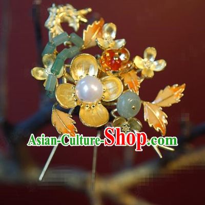 China Traditional Golden Plum Blossom Hair Stick Wedding Xiuhe Suit Hair Accessories Bride Jade Pearl Hairpin