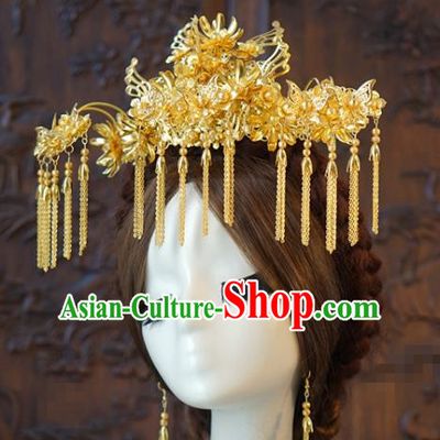 China Traditional Wedding Hair Accessories Ancient Bride Tassel Hairpins Golden Phoenix Coronet Full Set