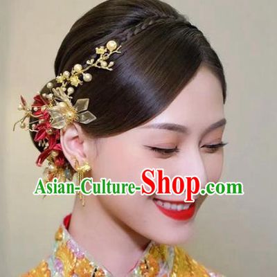 China Ancient Bride Hair Sticks Traditional Wedding Hair Accessories Flowers Hairpins Full Set