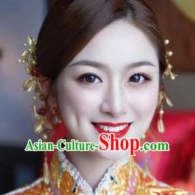 China Traditional Golden Flowers Hair Crown Wedding Xiuhe Suit Hair Accessories Bride Hair Clasp