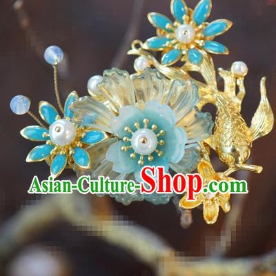 China Traditional Blue Flowers Hair Comb Wedding Xiuhe Suit Hair Accessories Bride Fish Hair Stick