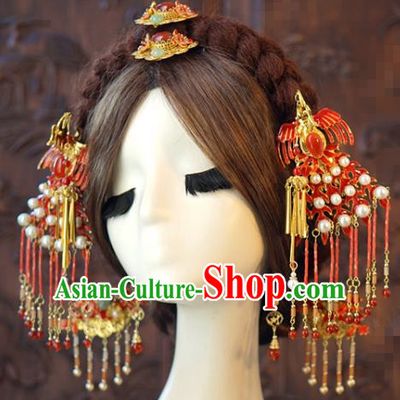 China Traditional Wedding Red Phoenix Hair Accessories Ancient Bride Tassel Hairpins and Earrings Hair Sticks Full Set