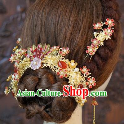 China Ancient Bride Agate Back Hair Comb Traditional Wedding Hair Accessories Hair Sticks Hairpins Full Set