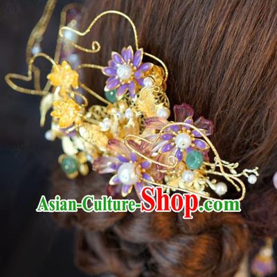 China Ancient Bride Hair Sticks and Hair Comb and Earrings Traditional Wedding Hair Accessories Full Set