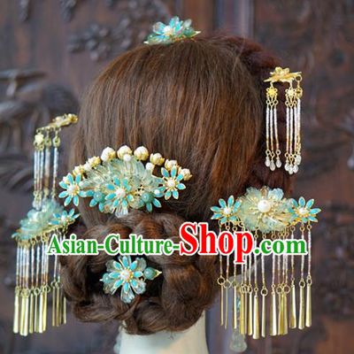 China Ancient Bride Blue Flower Hair Comb and Tassel Hairpins and Earrings Traditional Wedding Hair Accessories Complete Set