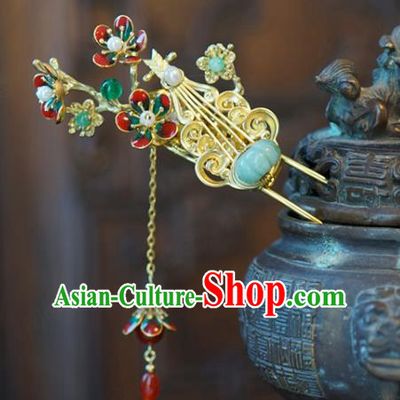 China Traditional Bride Golden Lute Hairpin Xiuhe Suit Hair Accessories Wedding Jade Plum Blossom Tassel Hair Stick