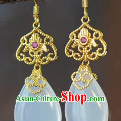 Top Grade Traditional Ear Accessories China Ancient Ming Dynasty Court Empress White Chalcedony Earrings Jewelry