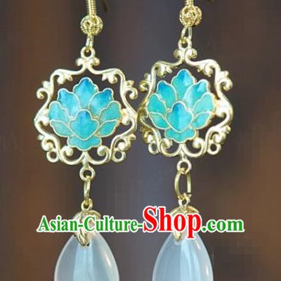 Top Grade Traditional White Chalcedony Ear Accessories China Ancient Ming Dynasty Court Empress Blueing Lotus Earrings Jewelry