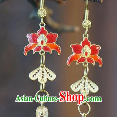 China Traditional Qing Dynasty Ear Jewelry Accessories Top Grade Ancient Queen Cloisonne Red Lotus Earrings