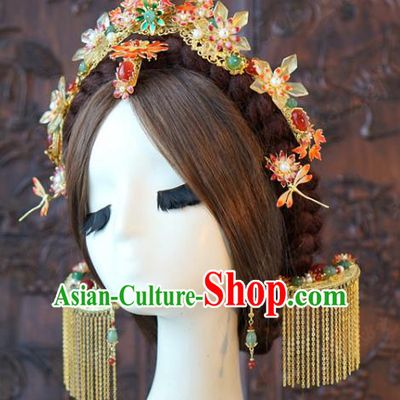 China Ancient Bride Enamel Hair Crown and Tassel Hairpins and Earrings Traditional Wedding Hair Accessories Full Set