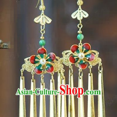 China Qing Dynasty Cloisonne Plum Ear Jewelry Top Grade Ancient Queen Earrings Hanfu Accessories
