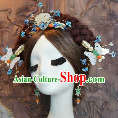 China Traditional Qing Dynasty Empress Jade Butterfly Hair Accessories Ancient Court Queen Hair Crown and Hairpins Complete Set