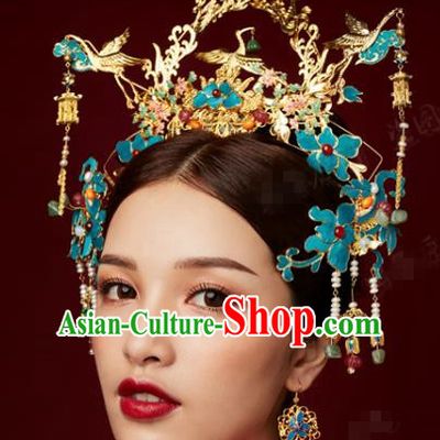 China Traditional Wedding Cranes Phoenix Coronet Ancient Bride Blueing Hairpins Earrings Hair Accessories