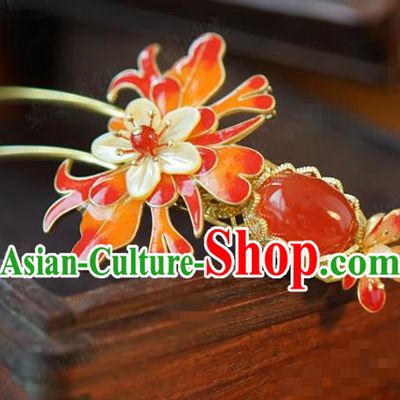 China Traditional Bride Enamel Red Peony Hairpin Xiuhe Suit Hair Accessories Wedding Shell Plum Blossom Hair Stick