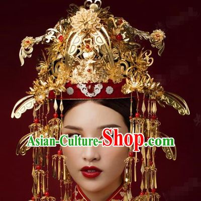 China Traditional Court Golden Phoenix Coronet Ancient Bride Deluxe Hair Accessories Song Dynasty Wedding Hairpins Earrings Full Set