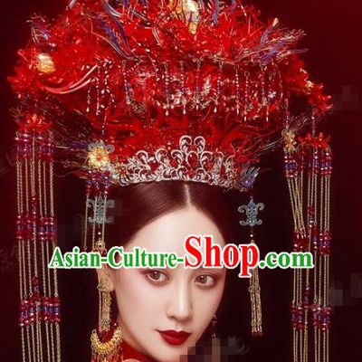 China Traditional Ancient Bride Hair Crown and Hairpins Earrings Wedding Hair Accessories Deluxe Red Phoenix Coronet Full Set