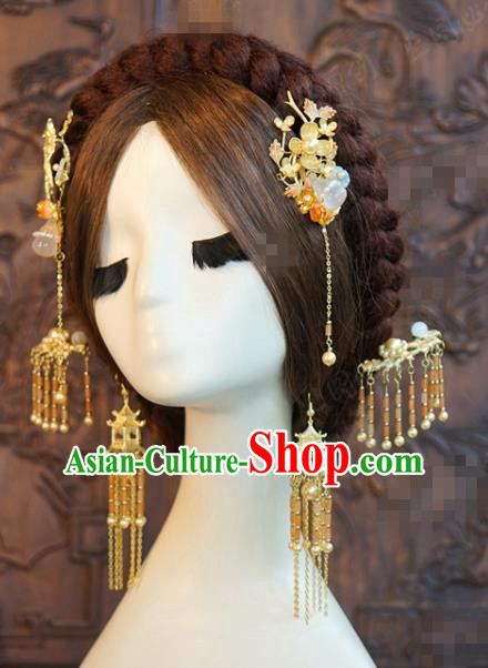 China Traditional Wedding Golden Plum Hair Sticks Ancient Bride Tassel Hairpins Full Set China Traditional Wedding Golden Plum Hair Sticks Ancient Bride Tassel Hairpins Full Set
