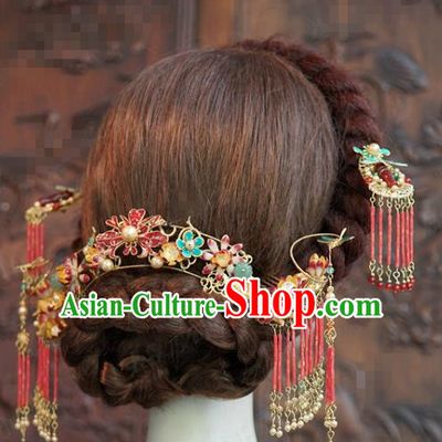 China Traditional Wedding Beads Tassel Hair Comb and Hairpins Ancient Bride Hair Accessories Full Set