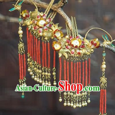 China Wedding Goldfish Lotus Hair Combs Traditional Xiuhe Suit Hair Accessories Ancient Bride Red Beads Tassel Hair Sticks