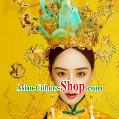China Traditional Wedding Hair Accessories Deluxe Ancient Bride Blue Mountain Hair Crown Phoenix Coronet and Earrings Full Set