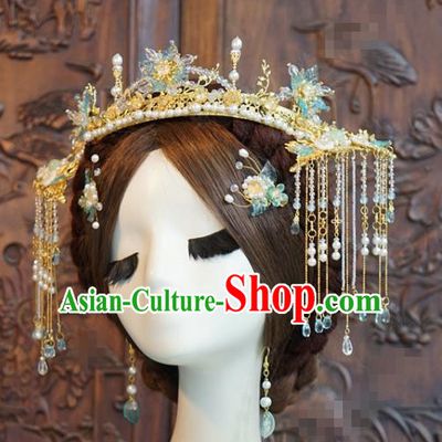 China Traditional Wedding Golden Hair Crown and Tassel Hairpins Ancient Bride Hair Accessories and Earrings Full Set