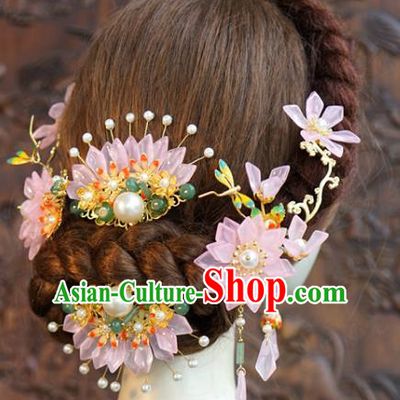 China Traditional Wedding Pink Flower Hair Combs and Hairpins Ancient Bride Hair Accessories Hair Sticks Full Set