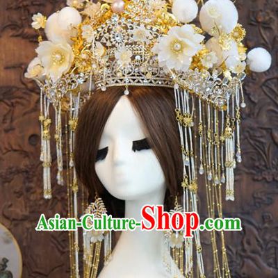 China Traditional Wedding White Silk Flowers Phoenix Coronet Hair Accessories Ancient Bride Deluxe Hair Crown and Earrings Complete Set