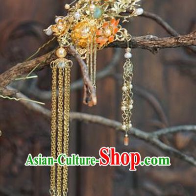 China Ancient Qing Dynasty Long Tassel Hair Stick Traditional Xiuhe Suit Hair Accessories Wedding Bride Flowers Hairpin
