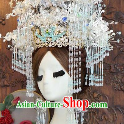 China Wedding Argent Phoenix Coronet Traditional Hair Accessories Complete Set Ancient Bride Deluxe Butterfly Hair Crown and Earrings