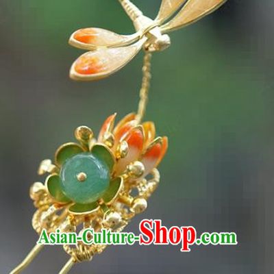 China Ancient Qing Dynasty Enamel Dragonfly Hair Stick Traditional Xiuhe Suit Hair Accessories Wedding Bride Jade Hairpin