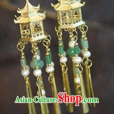 Top Grade Golden Palace Ear Jewelry China Traditional Qing Dynasty Empress Accessories Ancient Bride Jade Tassel Earrings