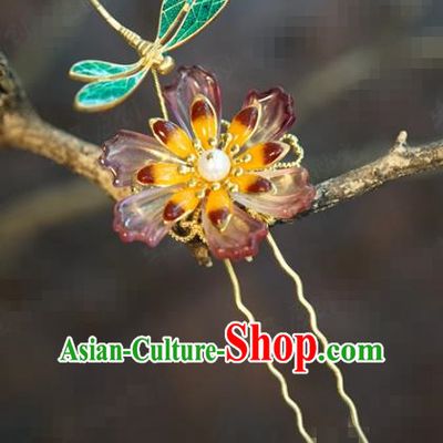 China Ancient Traditional Xiuhe Suit Hair Accessories Wedding Bride Flower Hairpin Qing Dynasty Blueing Dragonfly Hair Stick
