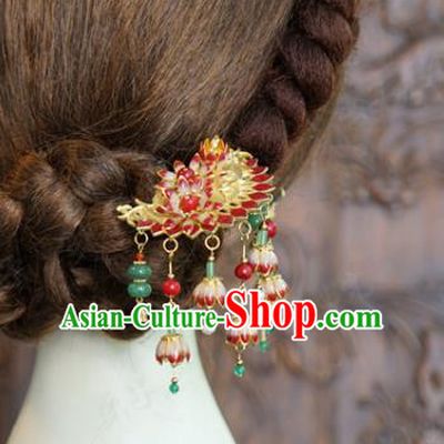 China Wedding Bride Flower Hairpin Ancient Traditional Xiuhe Suit Hair Accessories Red Convallaria Hair Stick