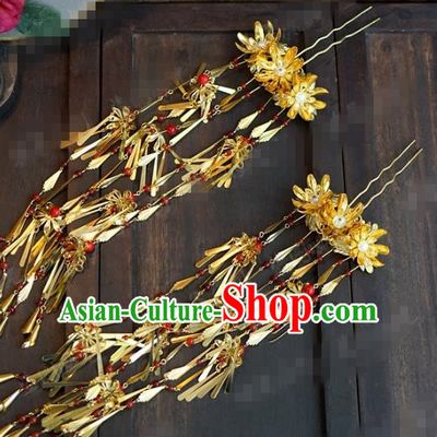 China Traditional Long Tassel Hairpin Xiuhe Suit Hair Accessories Wedding Bride Golden Flowers Hair Sticks